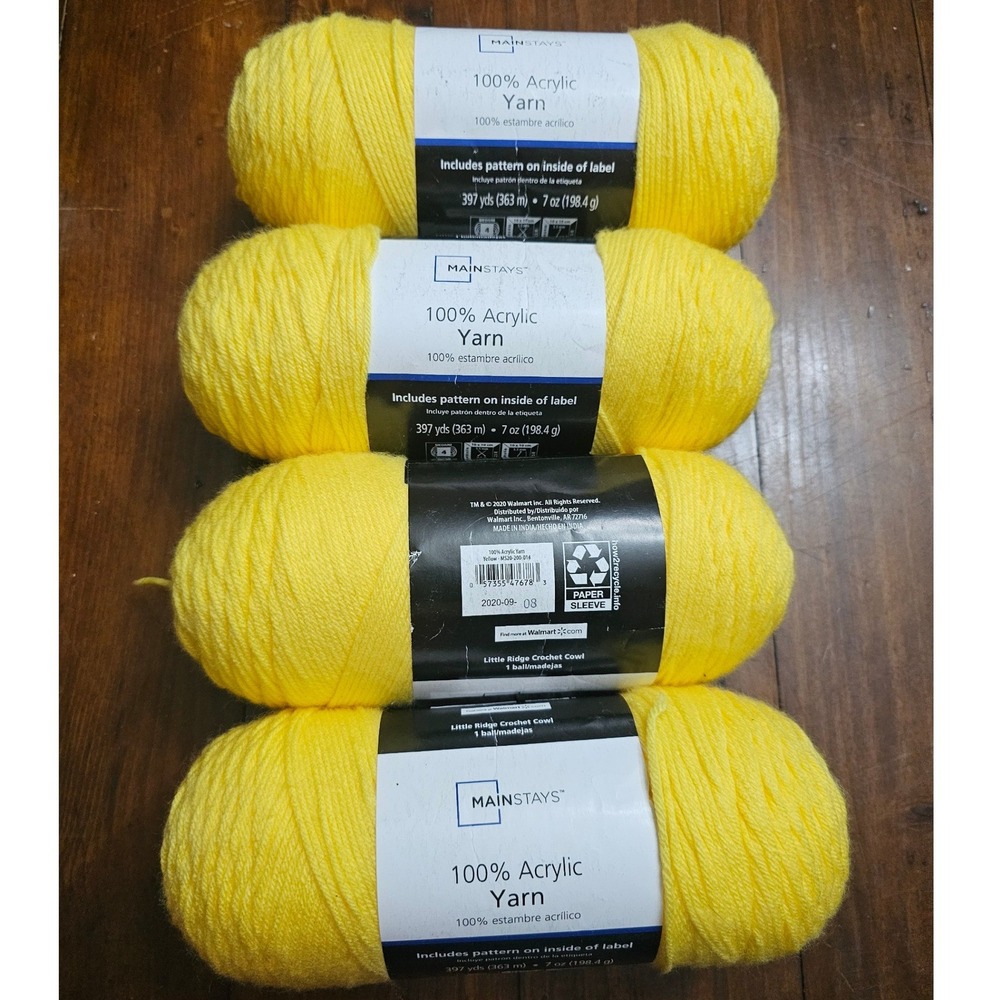 Mainstays Yellow 100% Acrylic Yarn 4 Skeins Worsted Medium 4 397yd MS20-200-014
